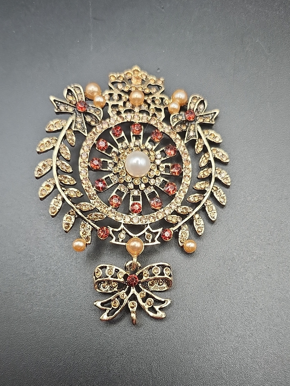 Vintage-Inspired Gold Tone Pearl & Red Crystal Floral Brooch